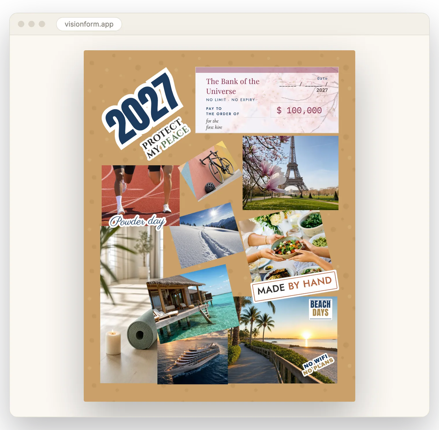 A finished 2027 vision board in Crevano: photos, word stickers and a
             hand-lettered 2027 arranged on a cork background.