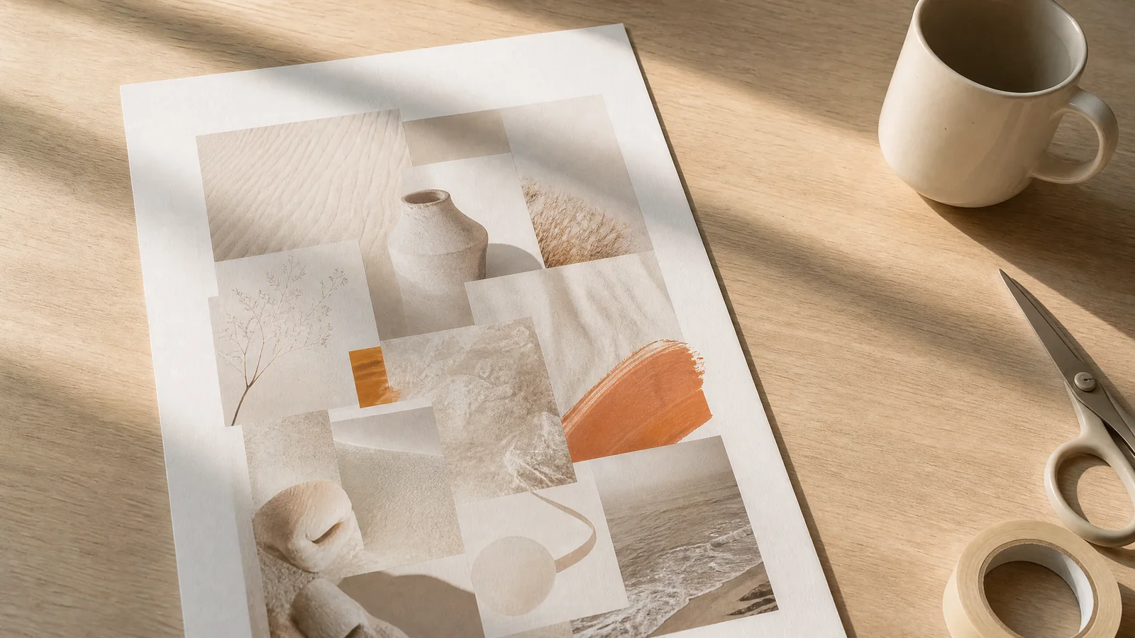A freshly printed collage poster on a desk beside a laptop, a mug,
               scissors and a roll of tape.
