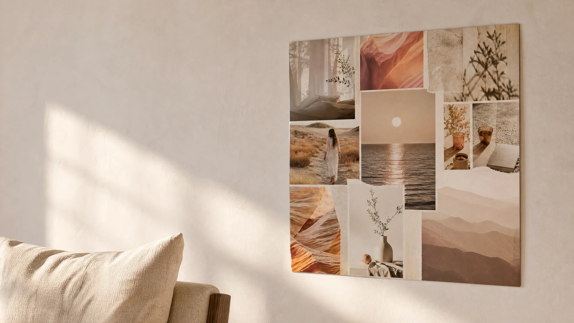 A printed collage board pinned flat to a pale wall in a bright room.