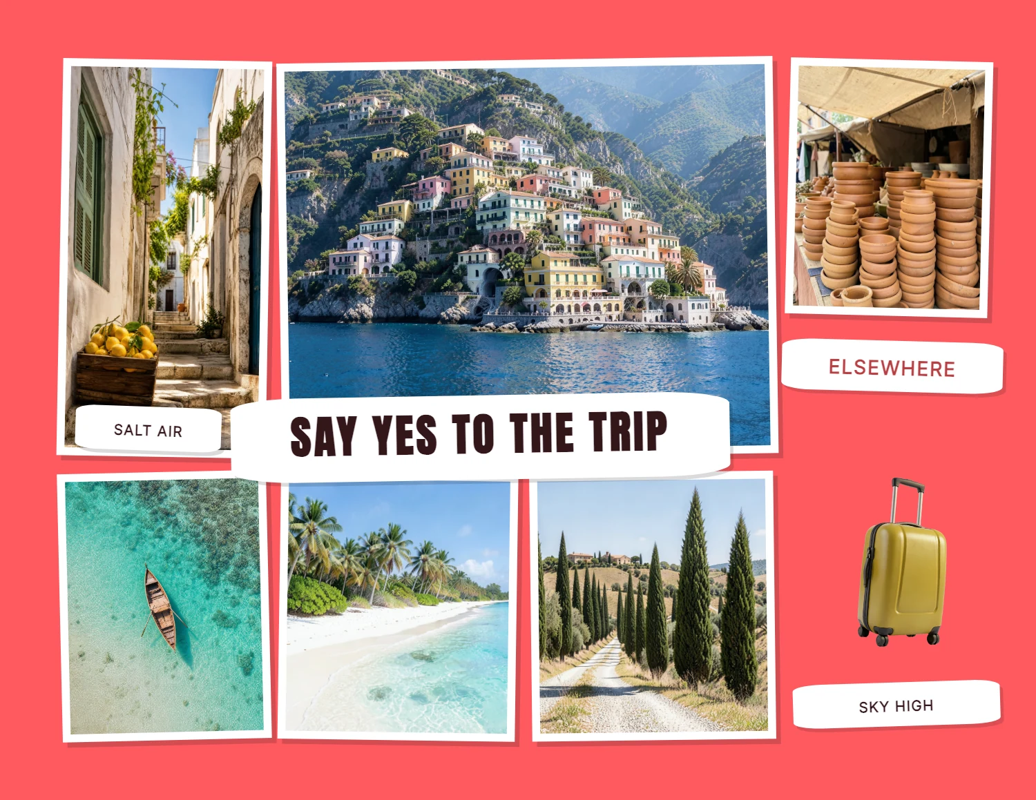 A landscape vision board on coral: coastal and lakeside photographs taped up
             around the words Say yes to the trip, with a yellow suitcase cut-out.