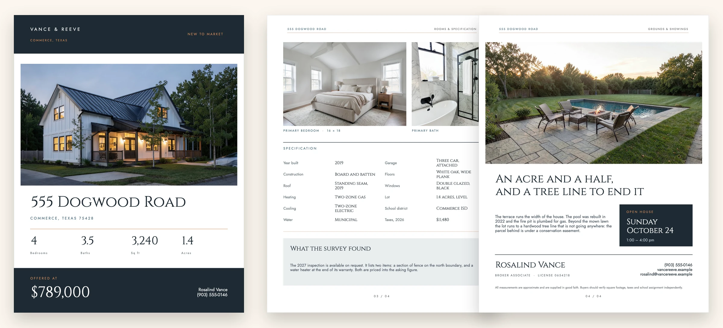 A four-page property brochure: a slate and cream cover with a twilight exterior and a
                     price band, then two interior pages beside it — a rooms-and-specification page,
                     and a grounds page carrying an open-house panel.