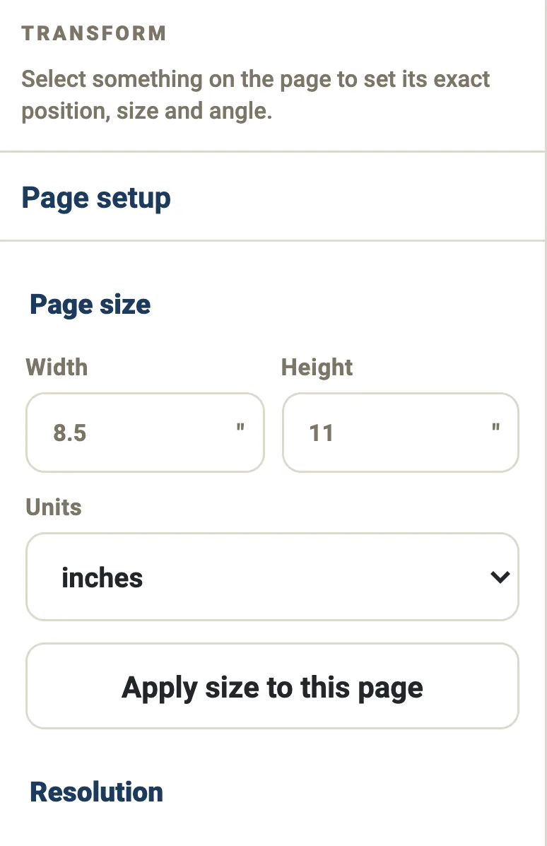 The Crevano page setup panel: width 8.5 and height 11 inches, a unit
                 selector reading inches, an Apply size to this page button, and a
                 resolution set to 300 — best for printing.