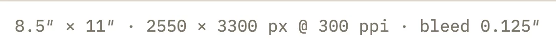 The Crevano status bar reading: 8.5 inches by 11 inches, 2550 by 3300 pixels, at 300 ppi, bleed 0.125 inches.