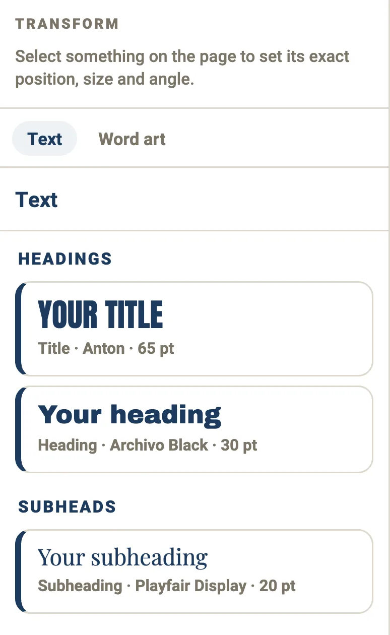 The Crevano Type panel: ready-set headings, subheads and body text, each
                 labeled with its typeface and point size — Anton 65 pt, Archivo Black
                 30 pt, Playfair Display 20 pt, Jost 12 pt.