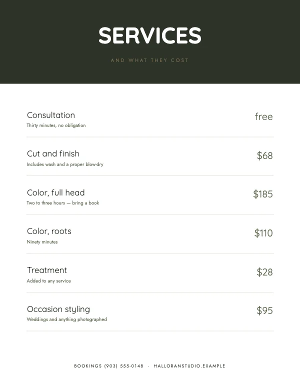 Sage and Bone Clean 8.5×11 Salon Price List
