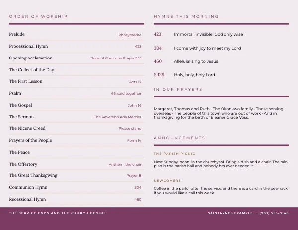 Plum and Amber Warm 11×8.5 Bi-Fold Church Bulletin — Inside