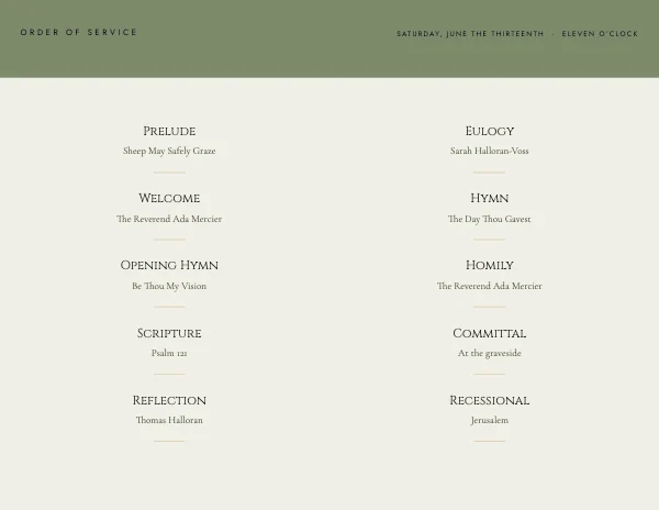 Sage and Bone Classic 11×8.5 Bi-Fold Funeral Program — Inside