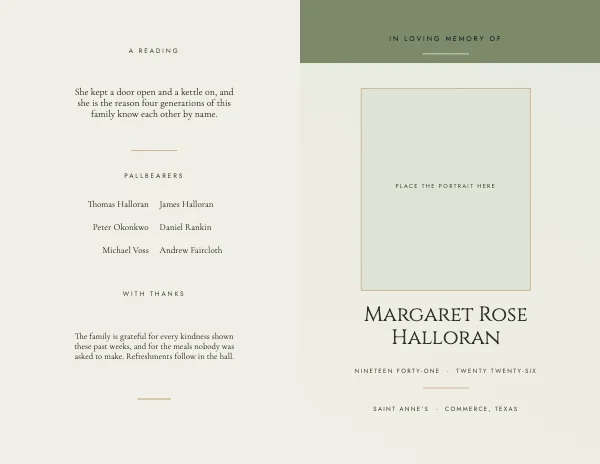 Sage and Bone Classic 11×8.5 Bi-Fold Funeral Program