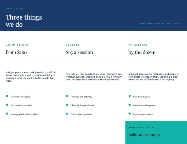 Mint and Navy Modern 11×8.5 Tri-Fold Services Brochure — Inside