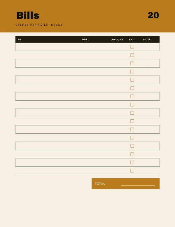 Ochre and Ink Undated 8.5 × 11 Monthly Bill Tracker