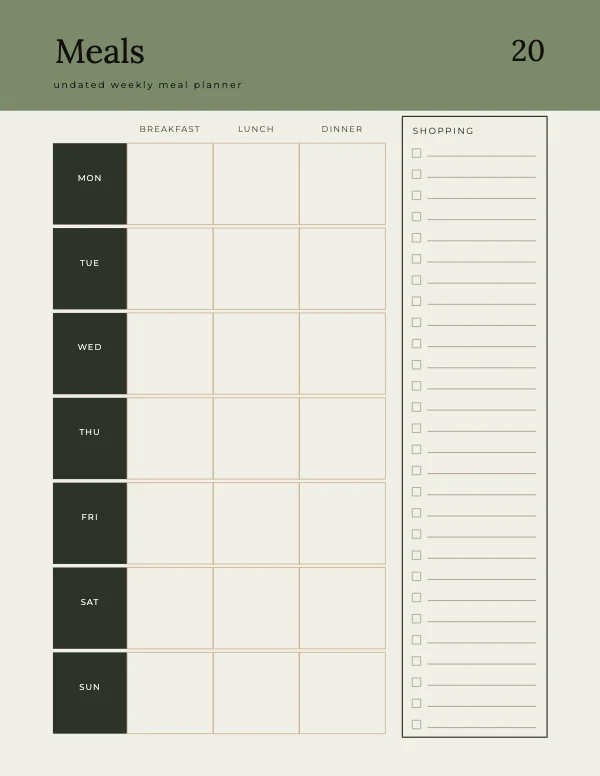 Sage and Bone Undated 8.5 × 11 Weekly Meal Planner