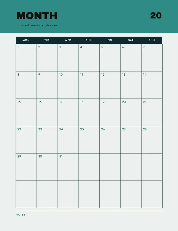 Teal and Gold Undated 8.5 × 11 Monthly Calendar
