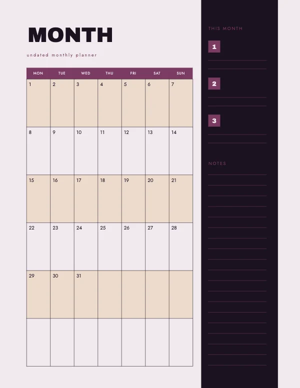 Plum and Amber Undated 8.5 × 11 Monthly Planner