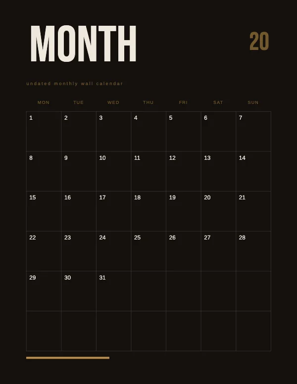 Black and Brass Undated 8.5 × 11 Monthly Wall Calendar