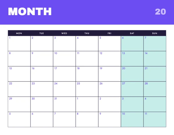 Violet and Mint Undated 11 × 8.5 Wall Calendar