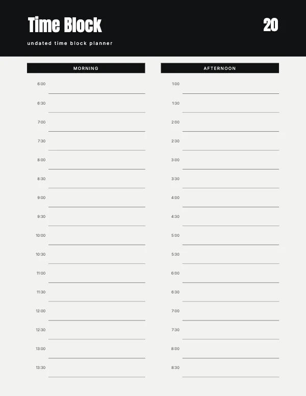 Black and White Undated 8.5 × 11 Time Block Planner