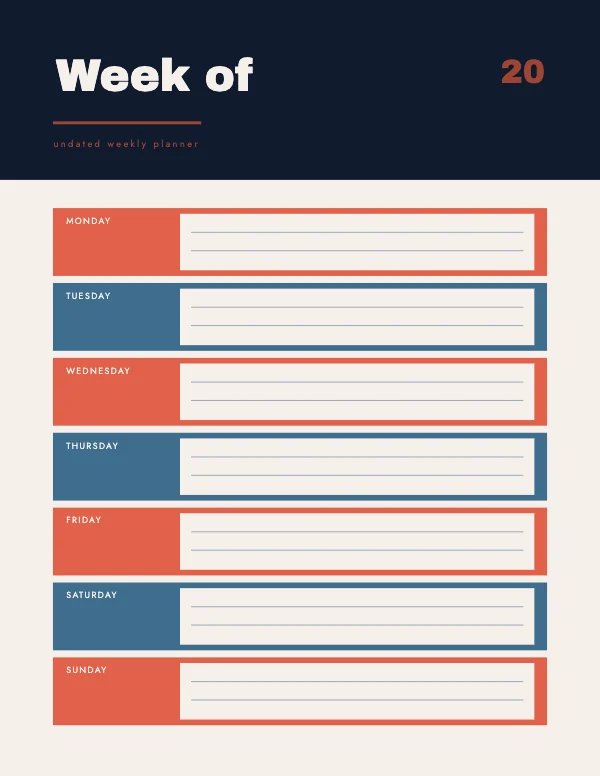 Coral and Navy Undated 8.5 × 11 Weekly Planner