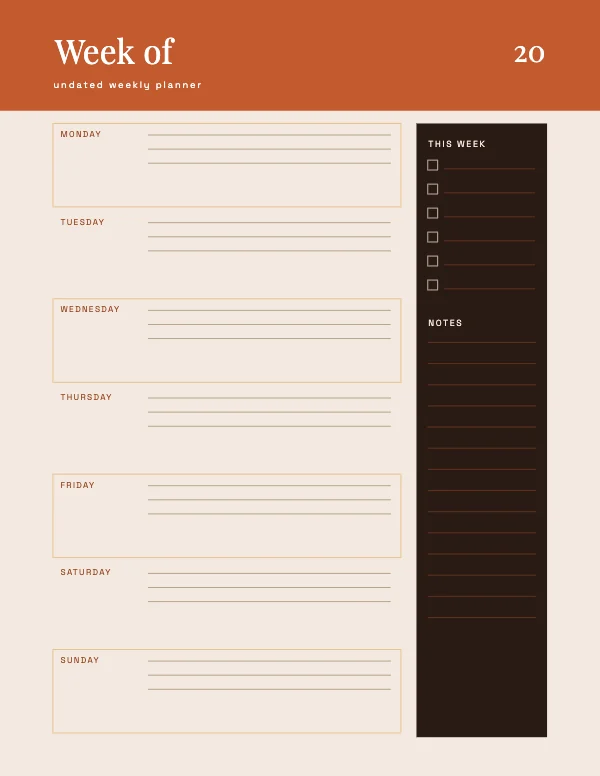 Clay and Bone Undated 8.5 × 11 Weekly Planner