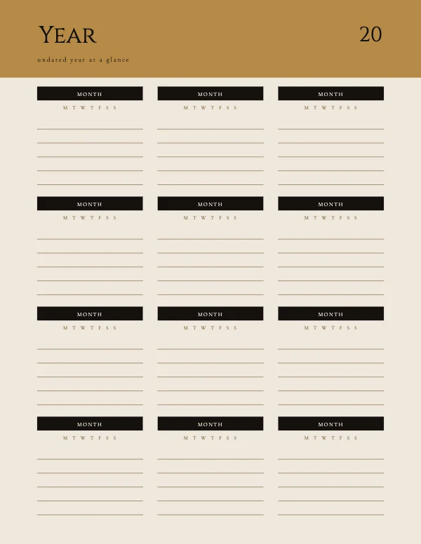 Black and Brass Undated 8.5 × 11 Year at a Glance