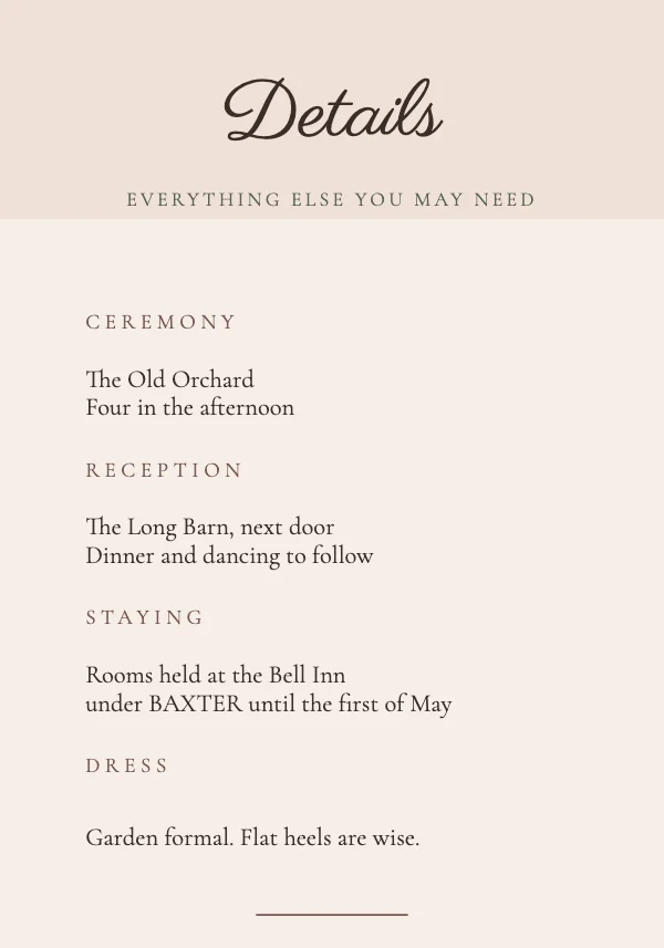 Blush and Oat Elegant 3.5×5 Wedding Details Enclosure Card