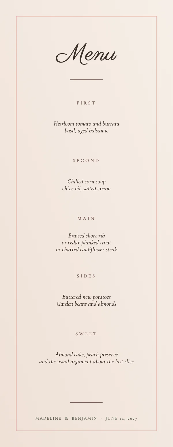 Blush and Oat Elegant 4.25×11 Tall Wedding Menu Card