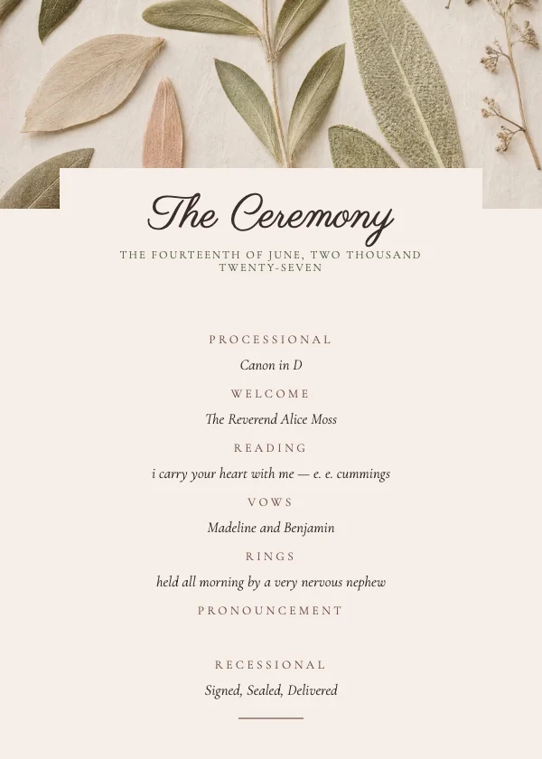 Blush and Oat Elegant 5×7 Wedding Ceremony Program
