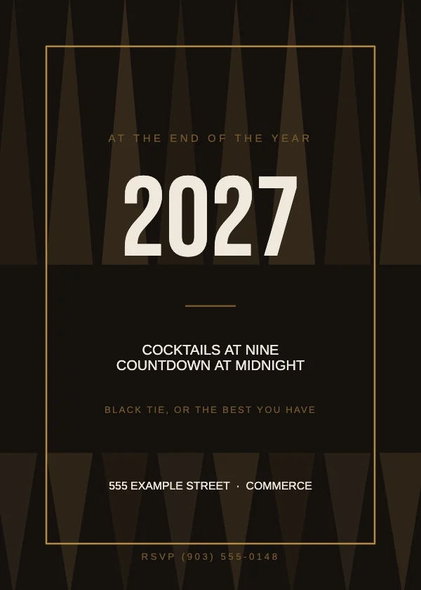 Black and Brass Deco 5×7 New Year Party Invitation