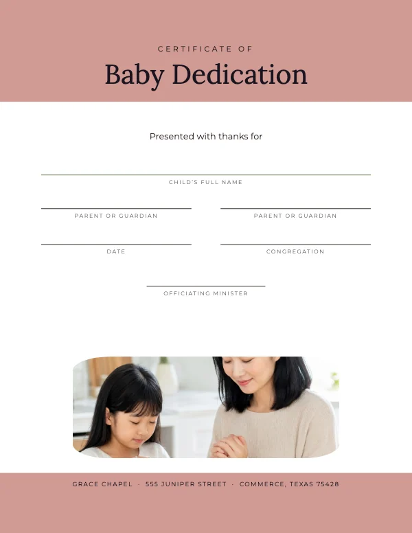 Blush and Oat 8.5 × 11 Baby Dedication Certificate