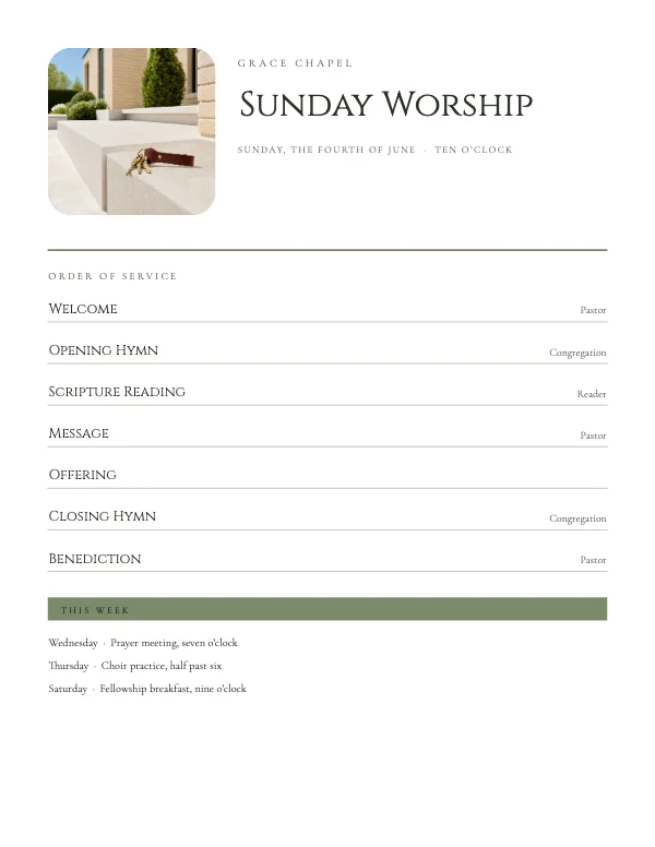 Sage and Bone 8.5 × 11 Weekly Church Bulletin