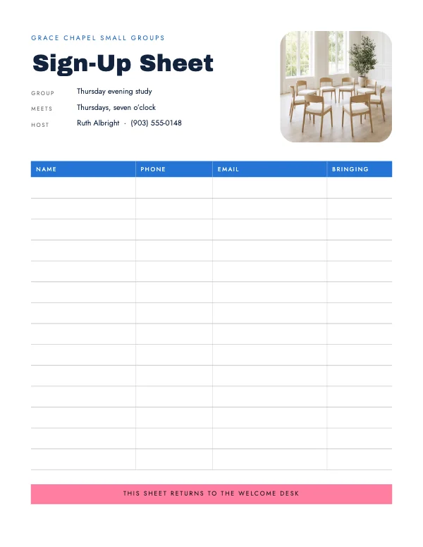 Sky and Blush 8.5 × 11 Church Small Group Sign-Up Sheet