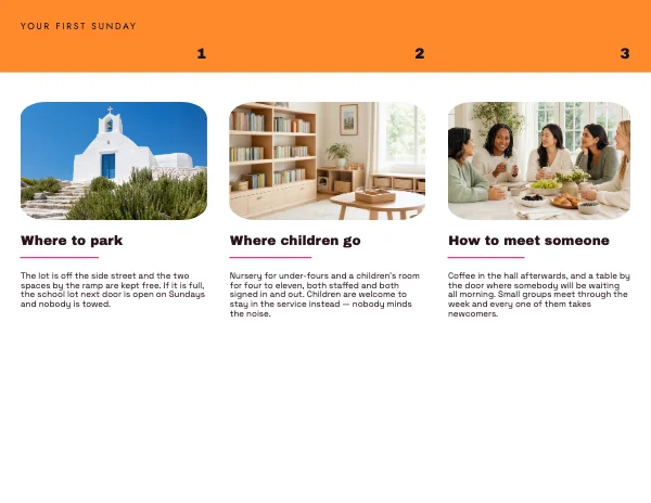Pink and Peach 11 × 8.5 Church New Visitor Tri-Fold — Inside