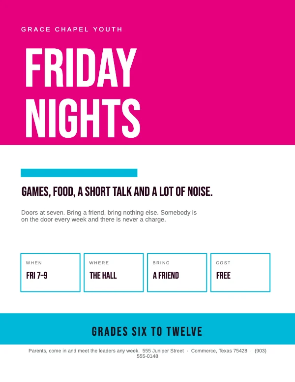 Magenta and Cyan 8.5 × 11 Church Youth Group Flyer