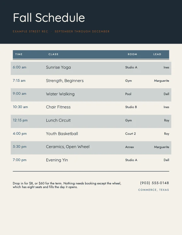 Slate and Cream Clean 8.5 × 11 Class Schedule Flyer