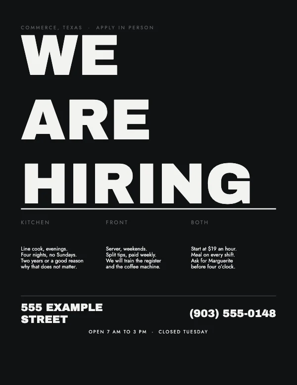 Black and White Typographic 8.5 × 11 Hiring Flyer
