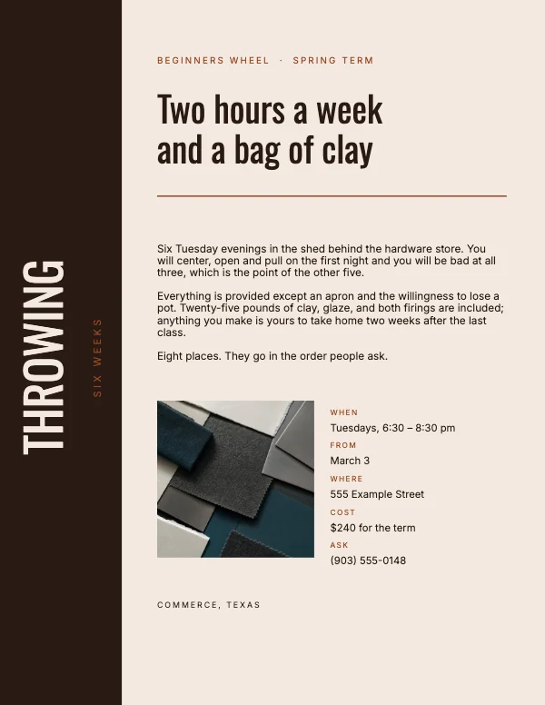 Clay and Bone Warm 8.5 × 11 Workshop Flyer