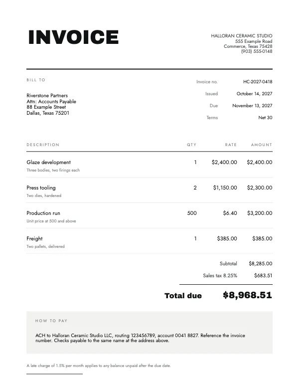 Black and White Minimalist 8.5 × 11 Invoice