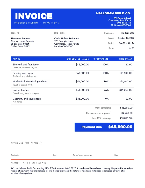 Blue and Flame 8.5 × 11 in Contractor Progress Invoice