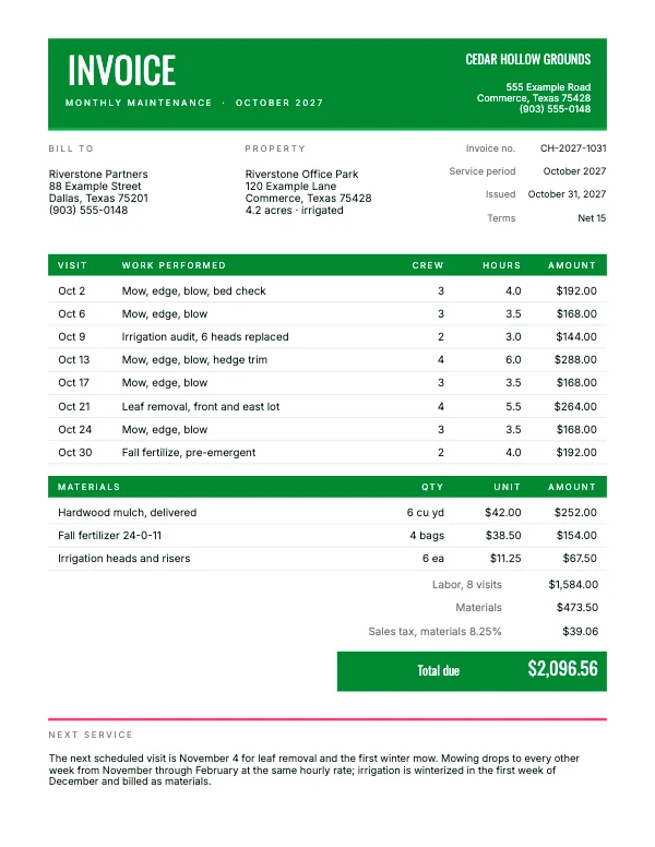 Green and Pink 8.5 × 11 in Landscaper Monthly Invoice