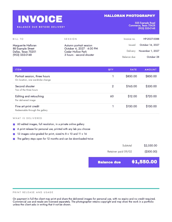 Violet and Mint 8.5 × 11 in Photographer Session Invoice