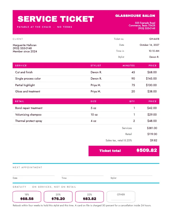 Magenta and Cyan 8.5 × 11 in Salon Service Ticket