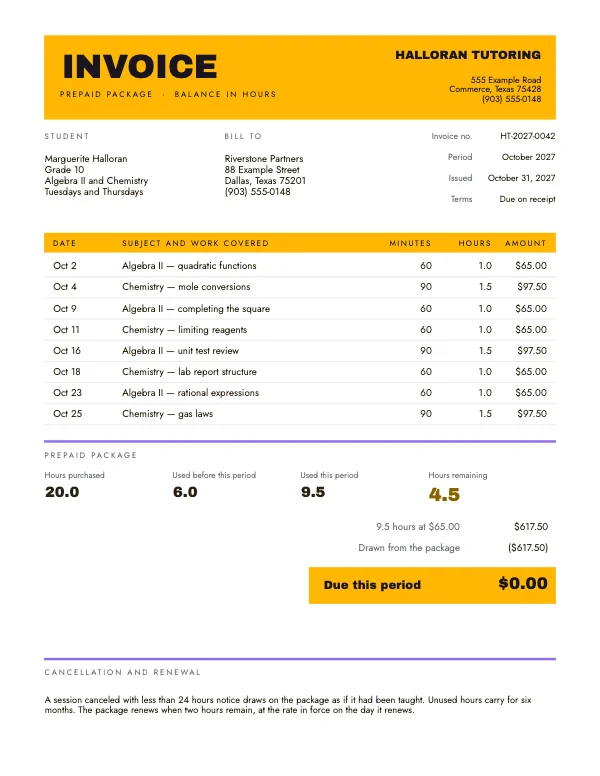 Sun and Lilac 8.5 × 11 in Tutor Session Invoice