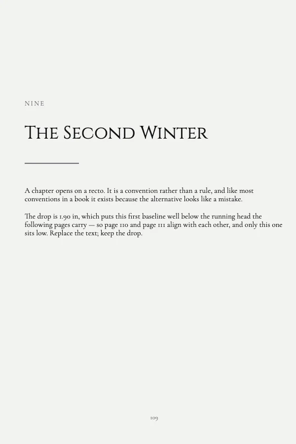 Black and White Classic 6×9 Book Interior Spread — Recto — chapter opener