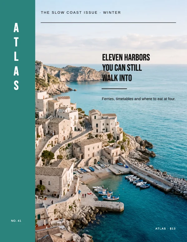 Teal and Limestone Spine 8.5×11 Full-Bleed Travel Magazine Cover