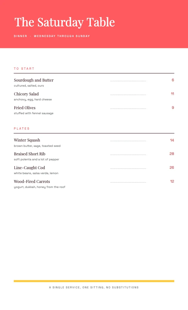Coral and Butter 8.5 × 14 in Menu