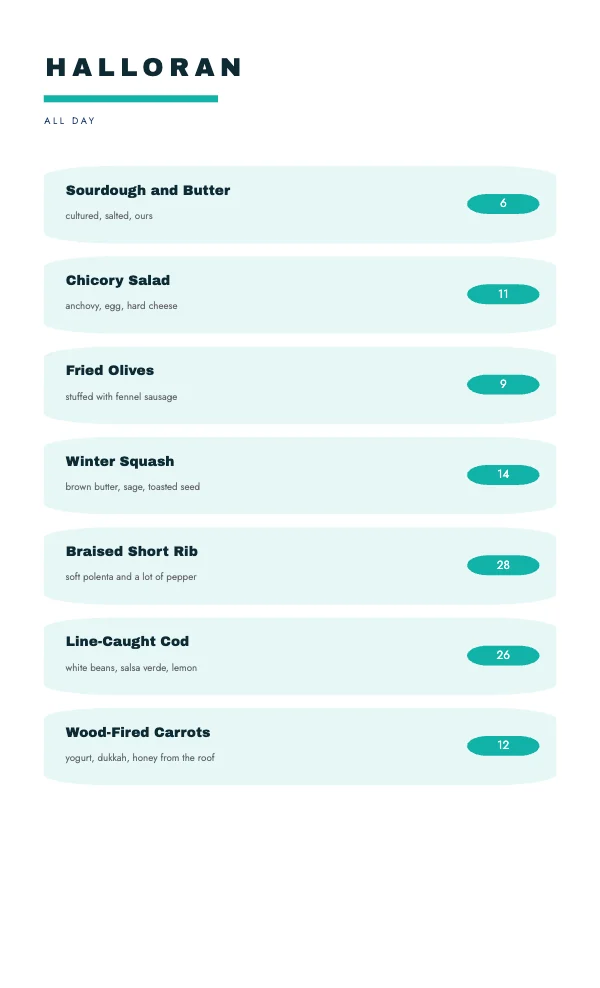 Mint and Navy 8.5 × 14 in Menu