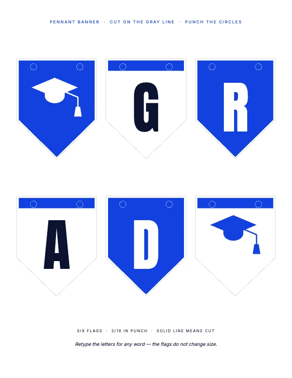 Blue and Flame 8.5 × 11 in Graduation Pennant Banner Sheet