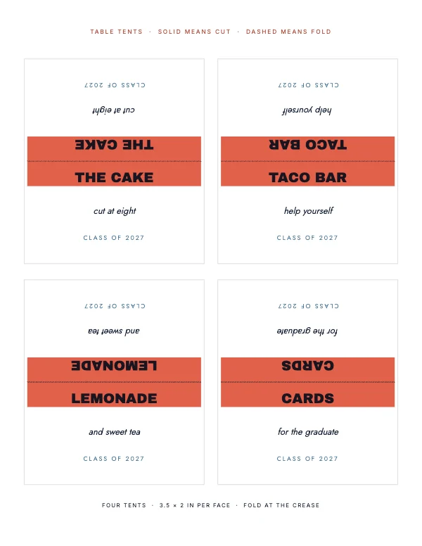 Coral and Navy 8.5 × 11 in Graduation Table Tent Sheet