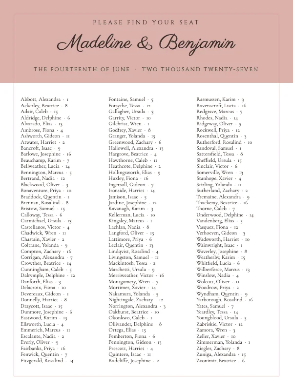 Blush and Oat Elegant 18×24 Wedding Seating Chart