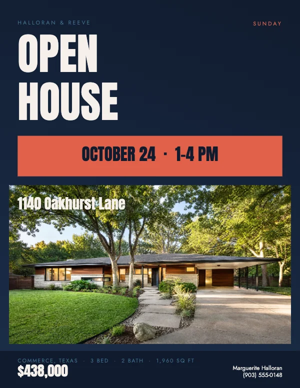 Coral and Navy Bold 8.5 × 11 Real Estate Open House Flyer