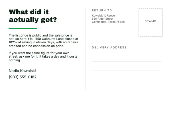 Green and Pink 6 × 4 Real Estate Just Sold Postcard — Back